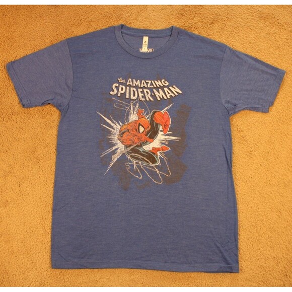 Marvel Spider-Man Vintage Comic Poster Graphic Tee T-Shirt (Large) Blue NWOT - Picture 1 of 6
